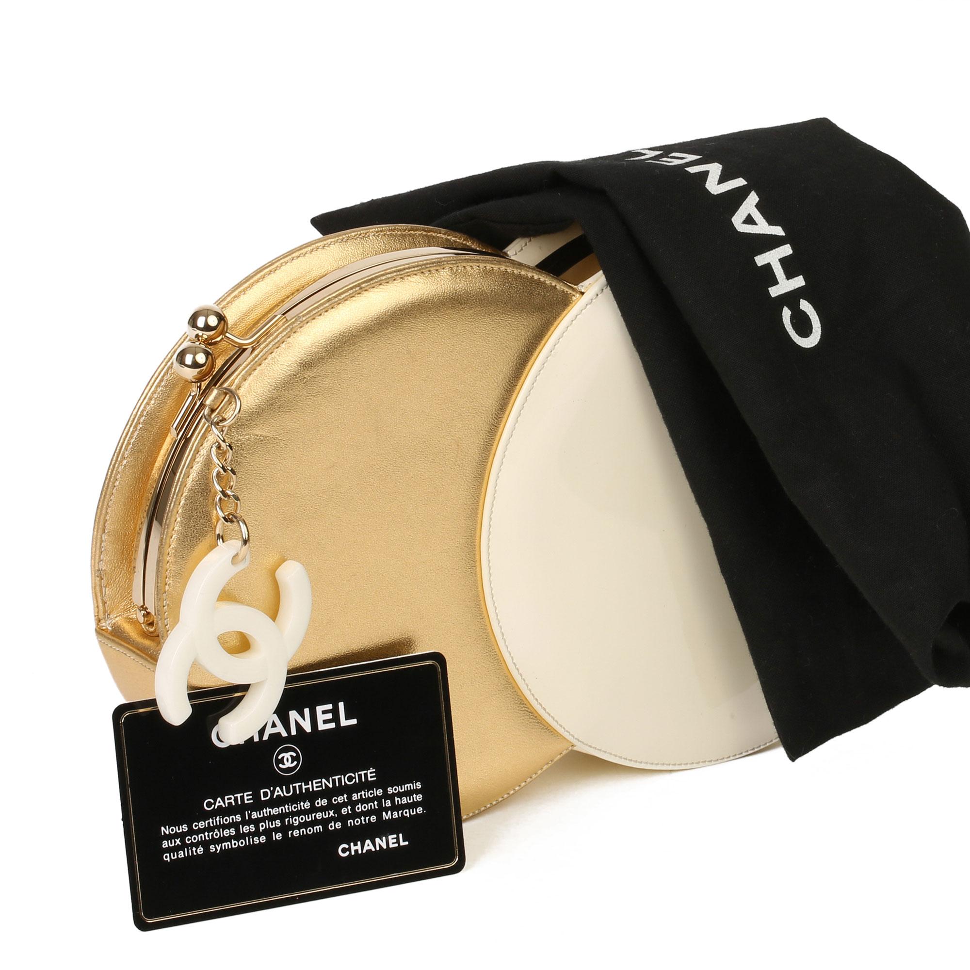 Women's Chanel Gold Lambskin & Beige Patent Leather Double Circle Clutch