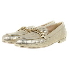 Chanel Gold Lambskin Leather Quilted Chain CC Loafers sz 39C