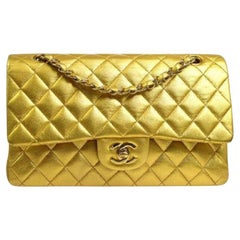 CHANEL Gold Lambskin Quilted Leather Gold Evening Evening Shoulder Flap Bag