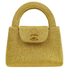 Vintage CHANEL Gold Lame Silk Woven Small Mini Kelly Style Flap Top Handle Bag