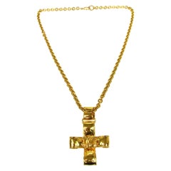 Chanel Gold Large Center Cross Charm CC Link Evening Pendant Drop Chain Necklace