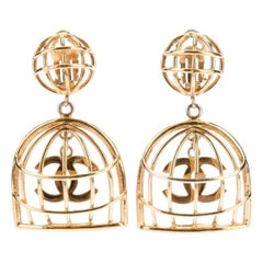 Vintage Chanel Gold Large Charm Evening Dangle Drop Chandelier Cage Earrings