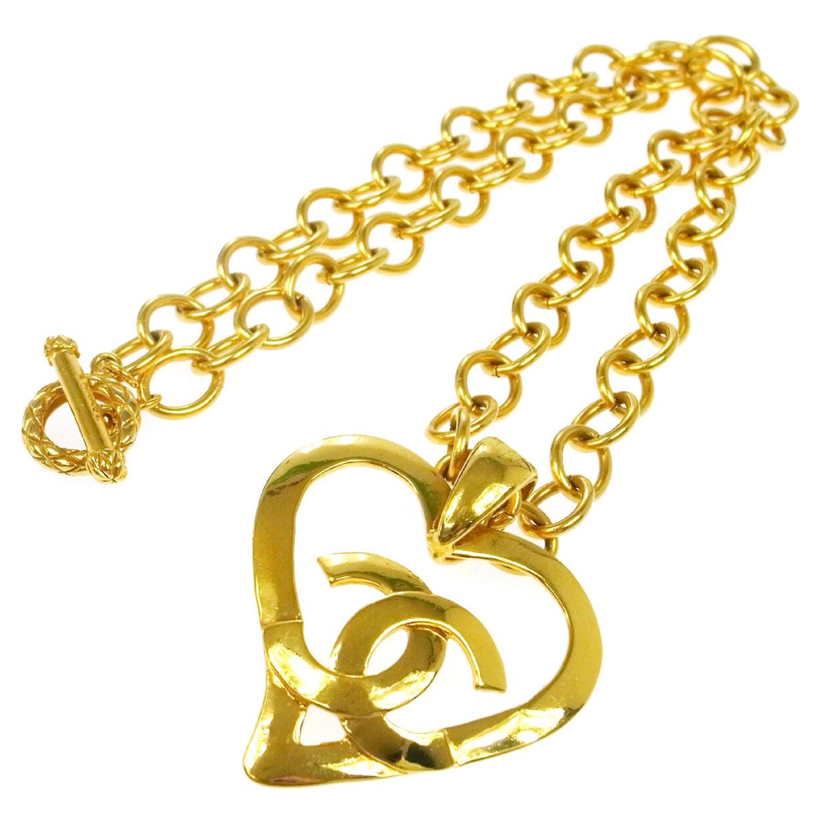 Chanel Gold Large Heart Charm Logo Evening Drop Link Chain Necklace in Box