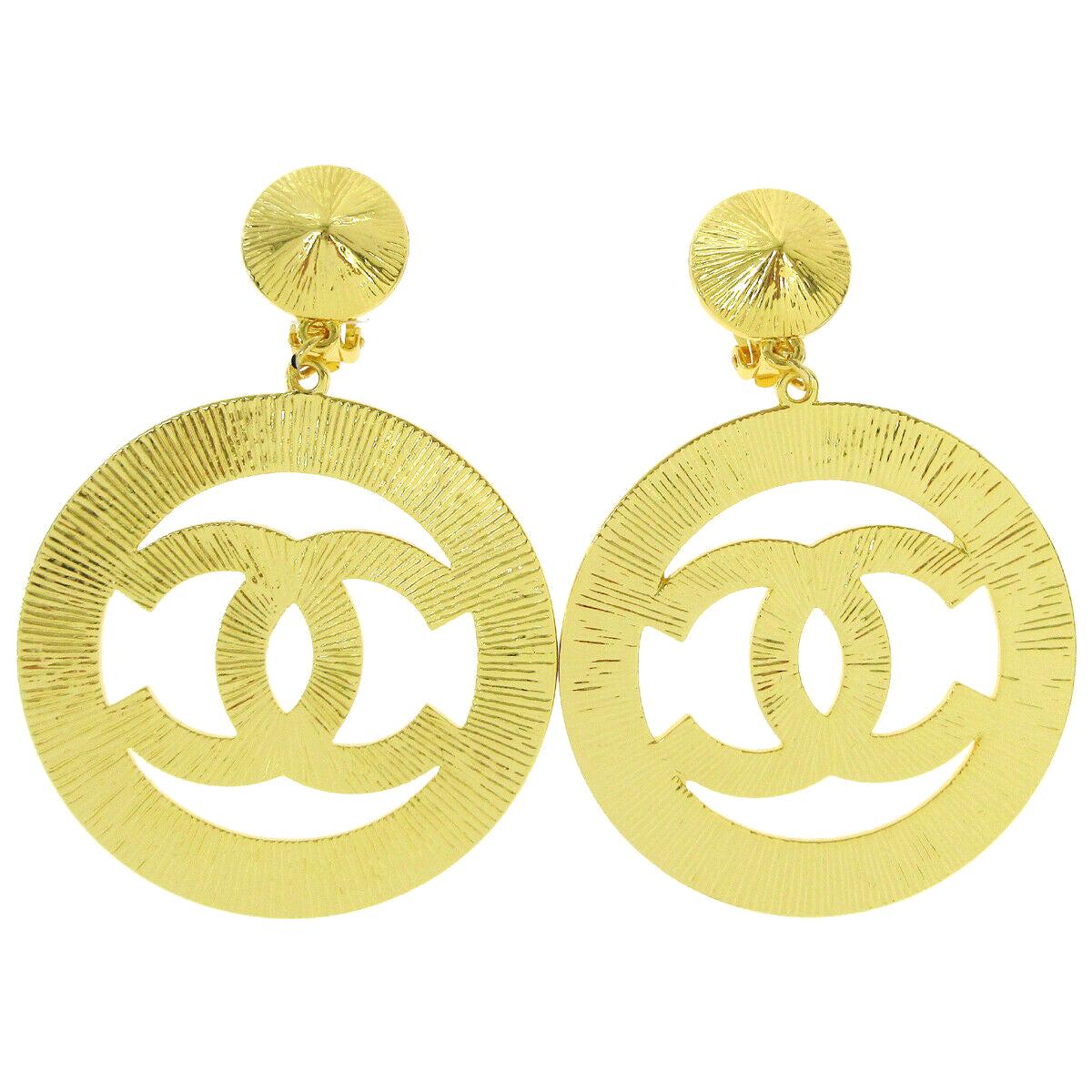 Chanel Gold Large Round Circle Hoop Logo Evening Dangle Drop Earrings in Box 