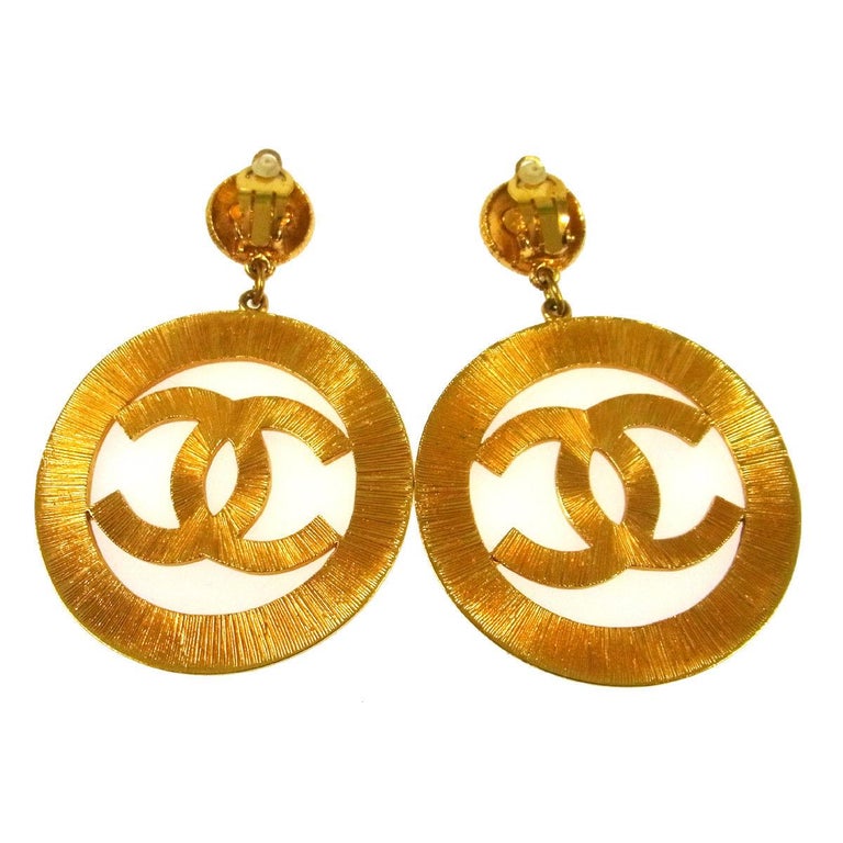 Chanel Gold Large Textured Metal Round Hoop Doorknocker Hoops Earrings in  Box at 1stDibs