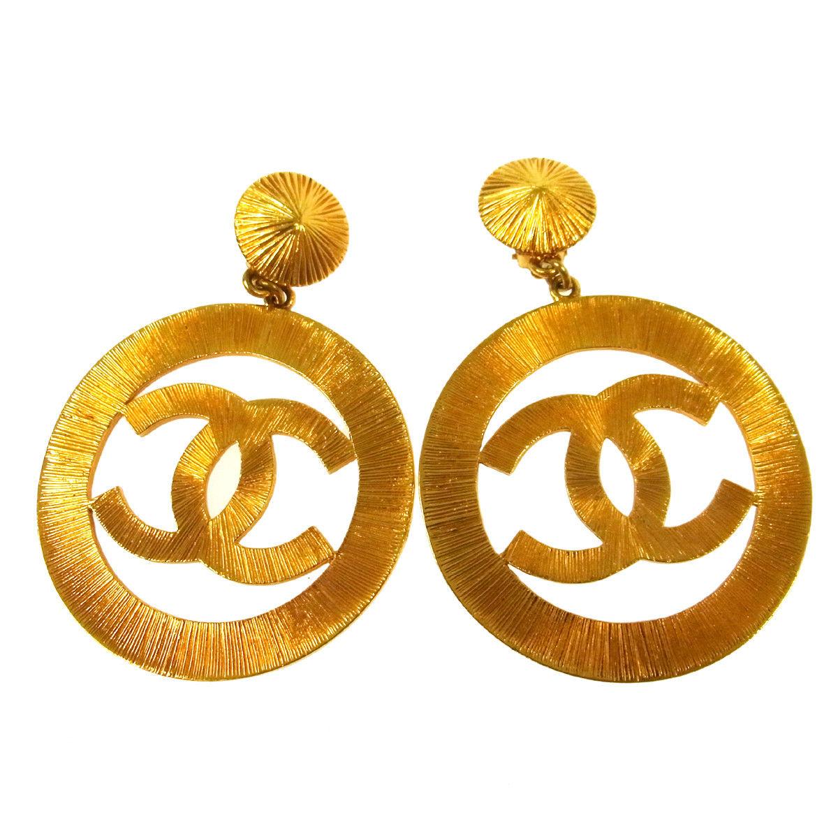 Chanel Gold Large Textured Metal Round Hoop Doorknocker Hoops Earrings in Box