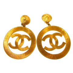 chanel hoop earrings gold Chanel Gold Large Textured Metal Round Hoop Doorknocker Hoops Earrings in Box