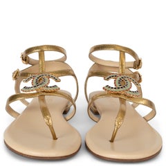 CHANEL gold leather 19A NEW YORK EMBELLISHED Thong Sandals Shoes 38