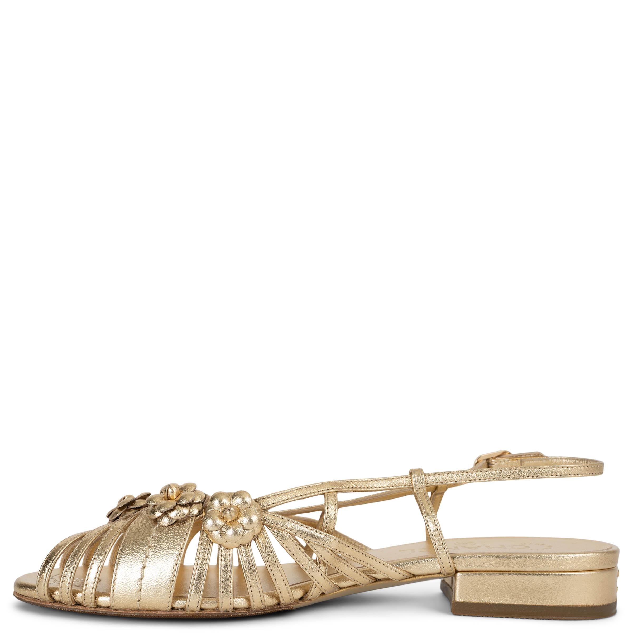 Gold CHANEL gold leather 21C CAPRI CAMELLIA Slingback Sandals Shoes 38
