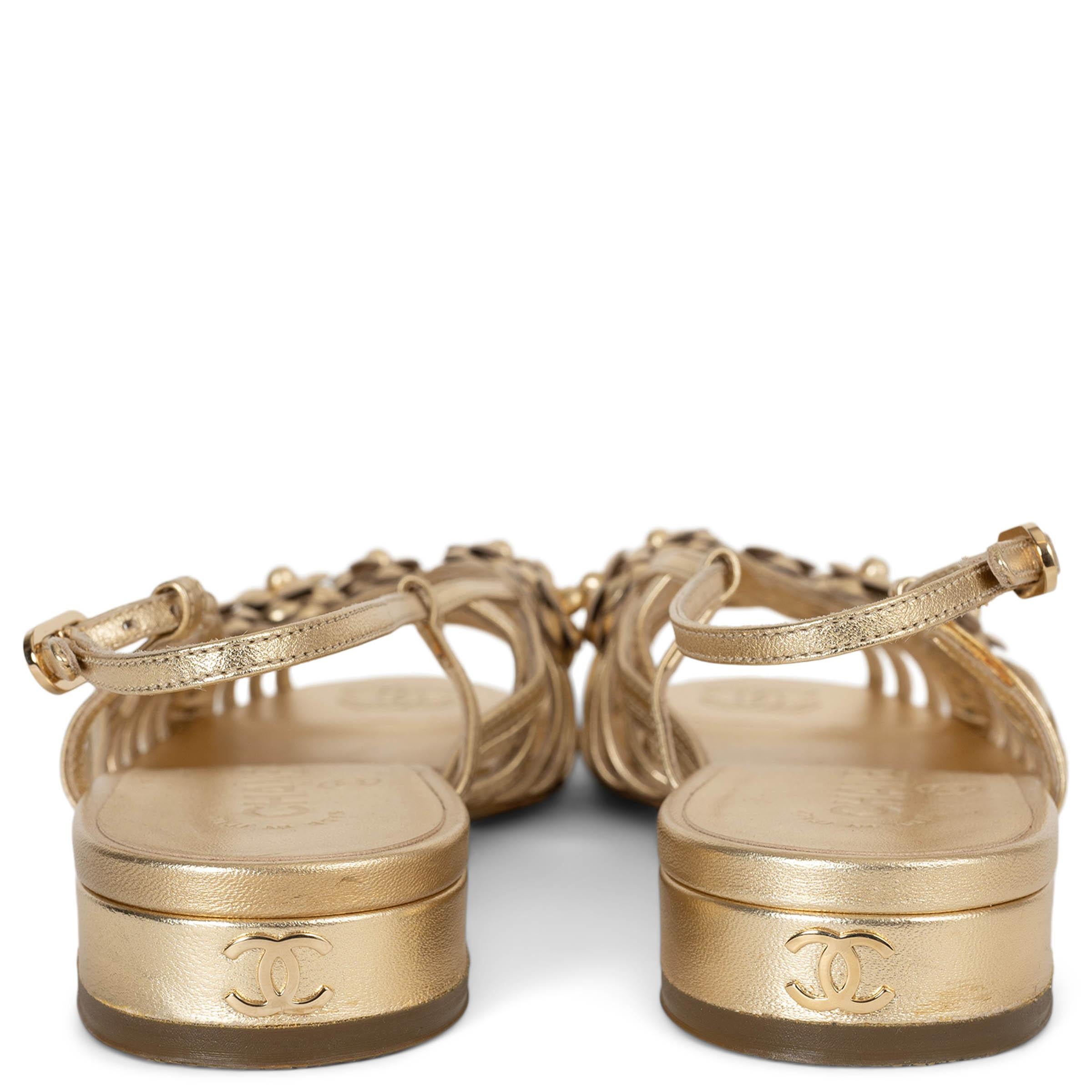 Women's CHANEL gold leather 21C CAPRI CAMELLIA Slingback Sandals Shoes 38