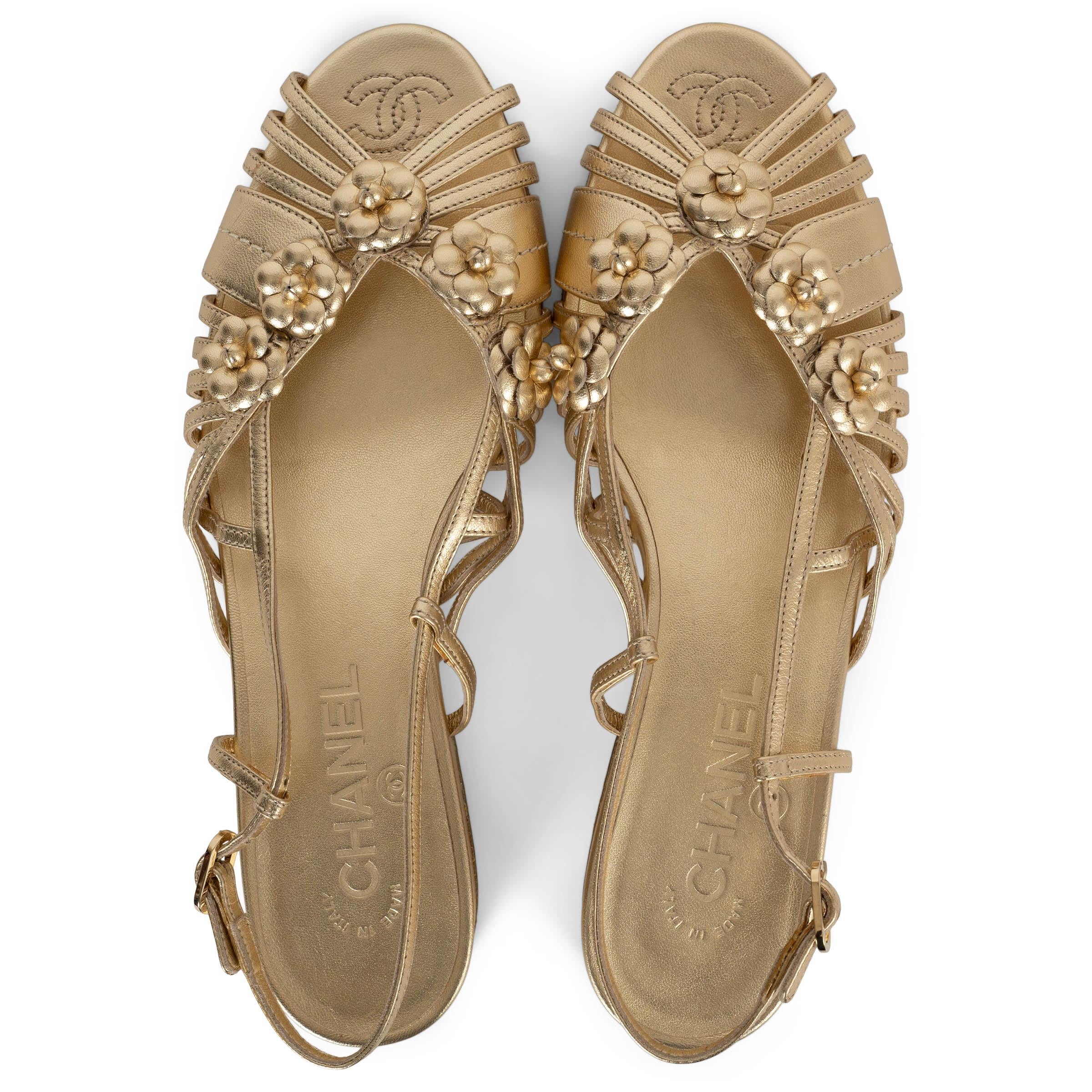 CHANEL gold leather 21C CAPRI CAMELLIA Slingback Sandals Shoes 38 1