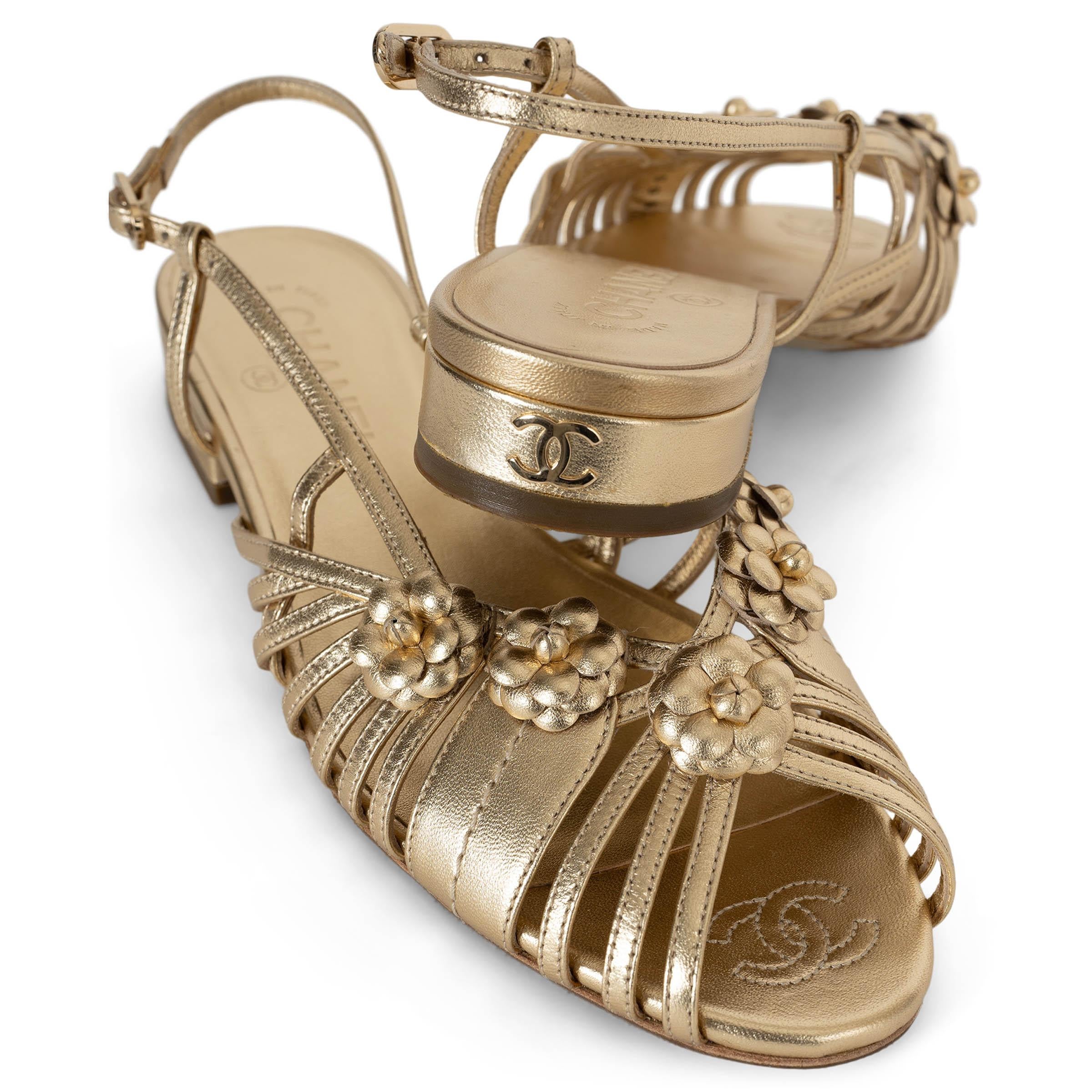 CHANEL gold leather 21C CAPRI CAMELLIA Slingback Sandals Shoes 38 2