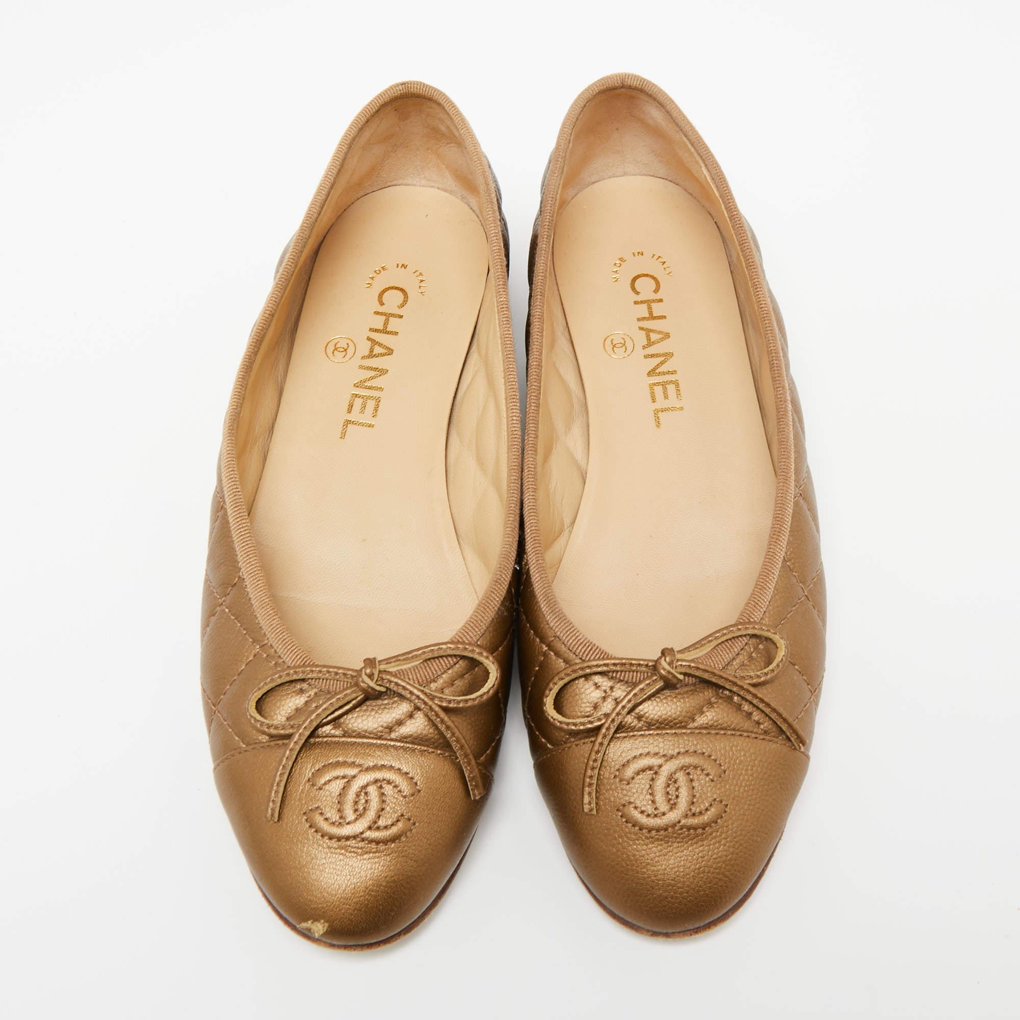 Chanel Gold Leather Bow CC Cap Toe Ballet Flats Size 37 1