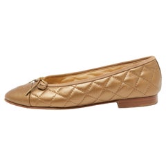 Chanel Gold Leather Bow CC Cap Toe Ballet Flats Size 37