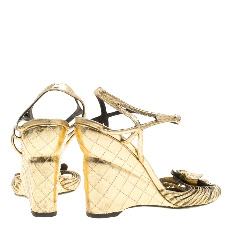 Women's Chanel Gold Leather Camelia Wedge Sandals Size 38.5