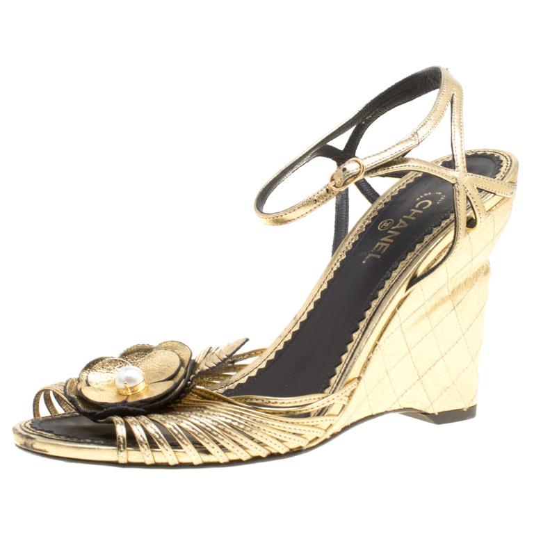 Chanel Gold Leather Camelia Wedge Sandals Size 38.5