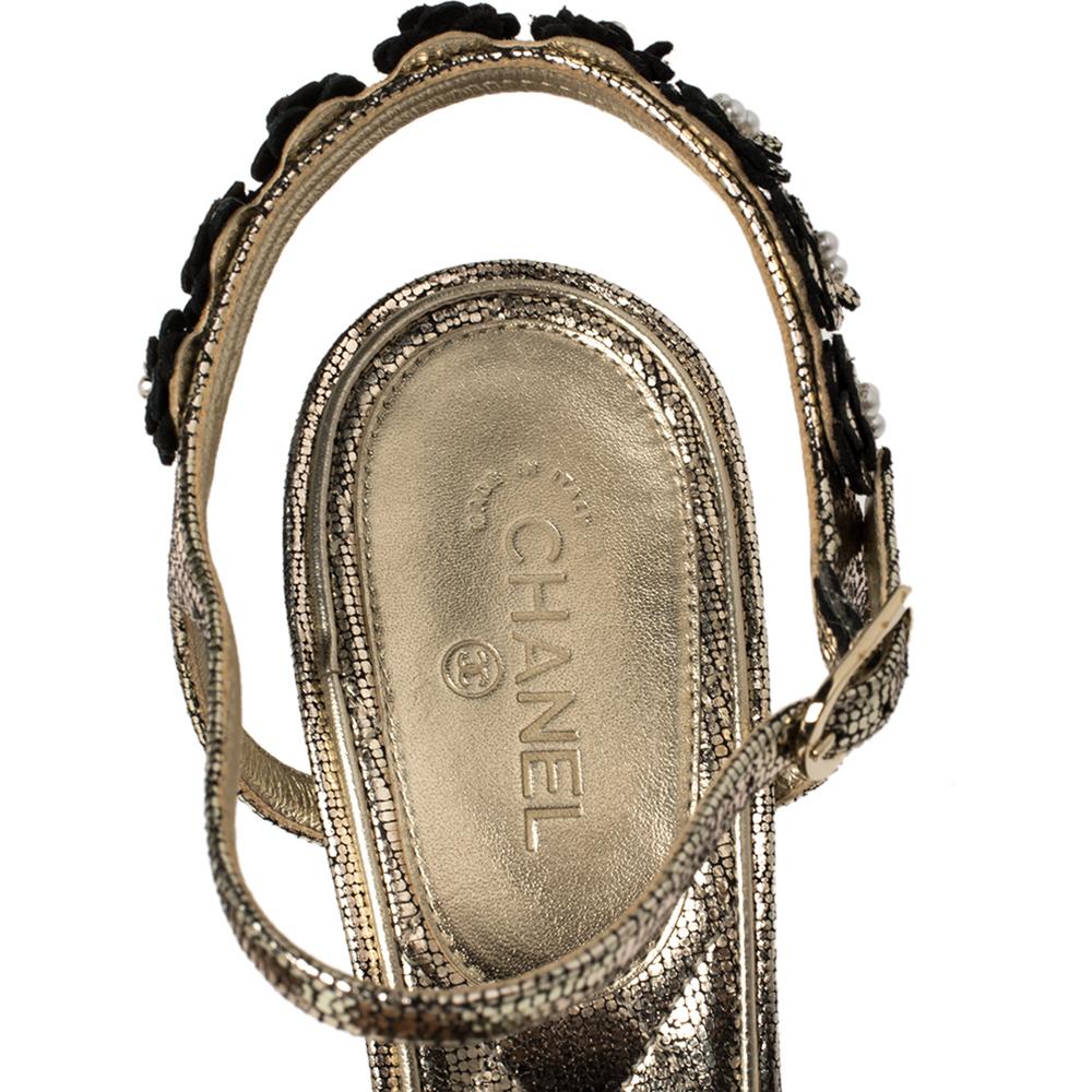 Chanel Gold Leather Camellia Embellished Sandals Size 41 1