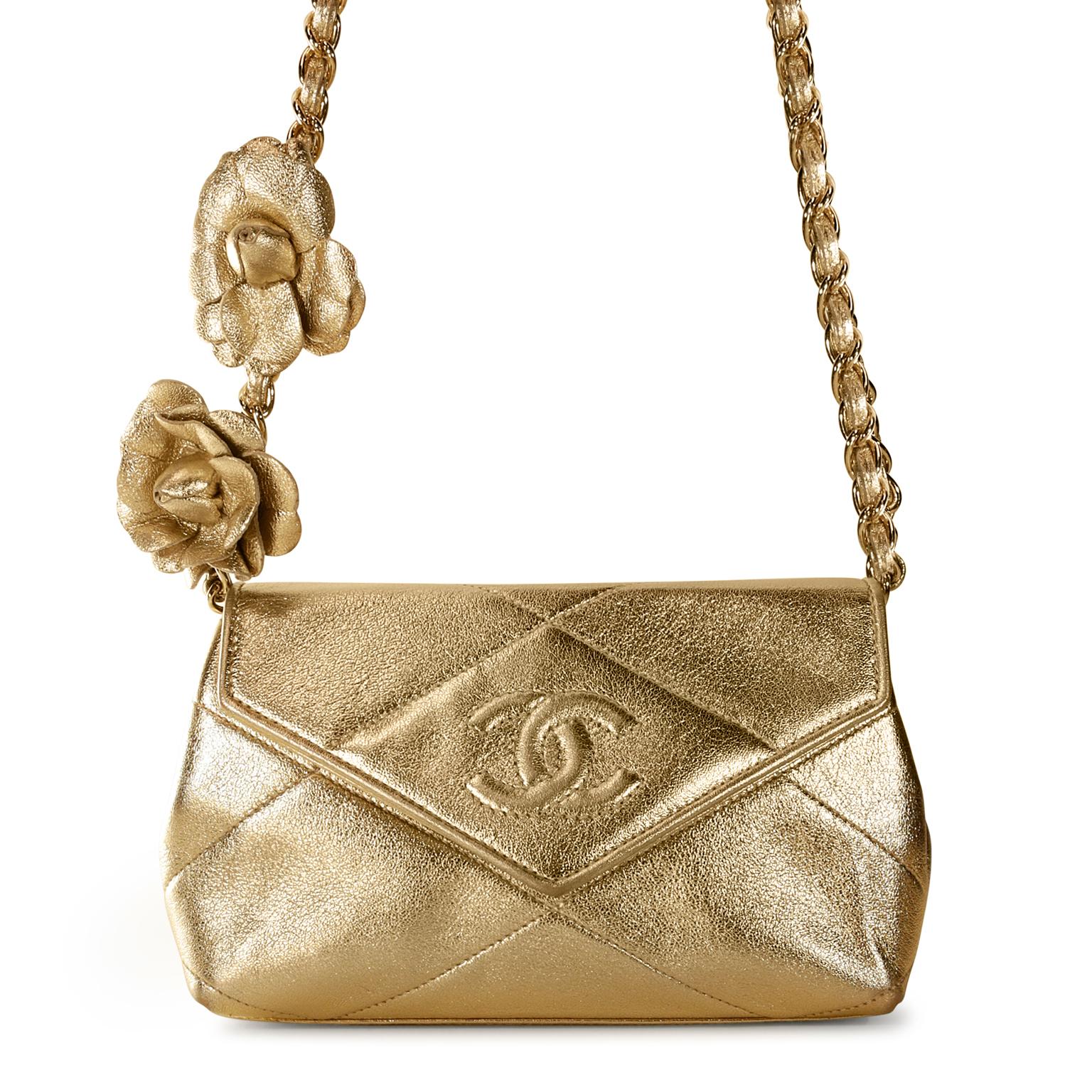 Brown Chanel Gold Leather Camellia Flower Vintage Evening Bag