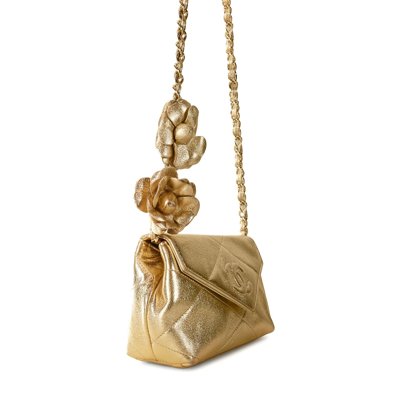 Chanel Gold Leather Camellia Flower Vintage Evening Bag In Excellent Condition In Palm Beach, FL