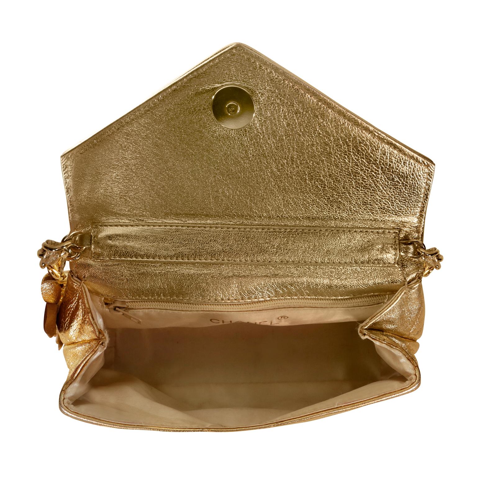 Women's Chanel Gold Leather Camellia Flower Vintage Evening Bag