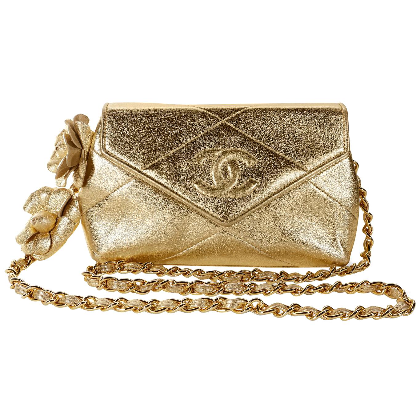 Chanel Gold Leather Camellia Flower Vintage Evening Bag