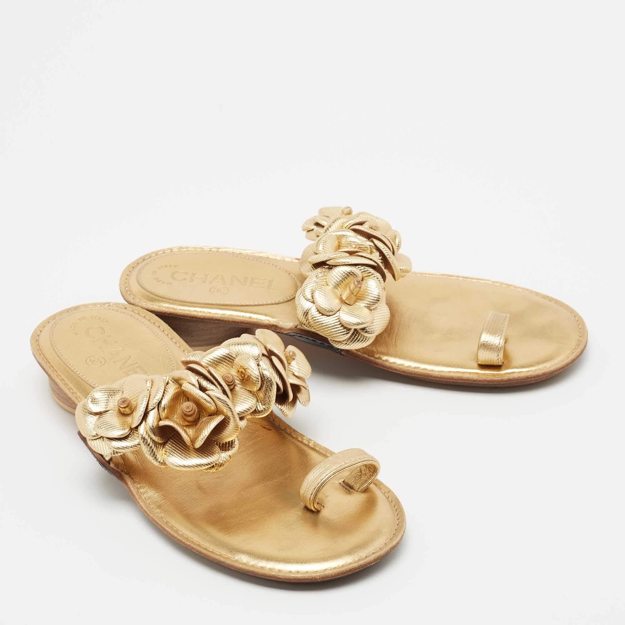 Chanel Gold Leather Camellia Toe Ring Sandals Size 36 1