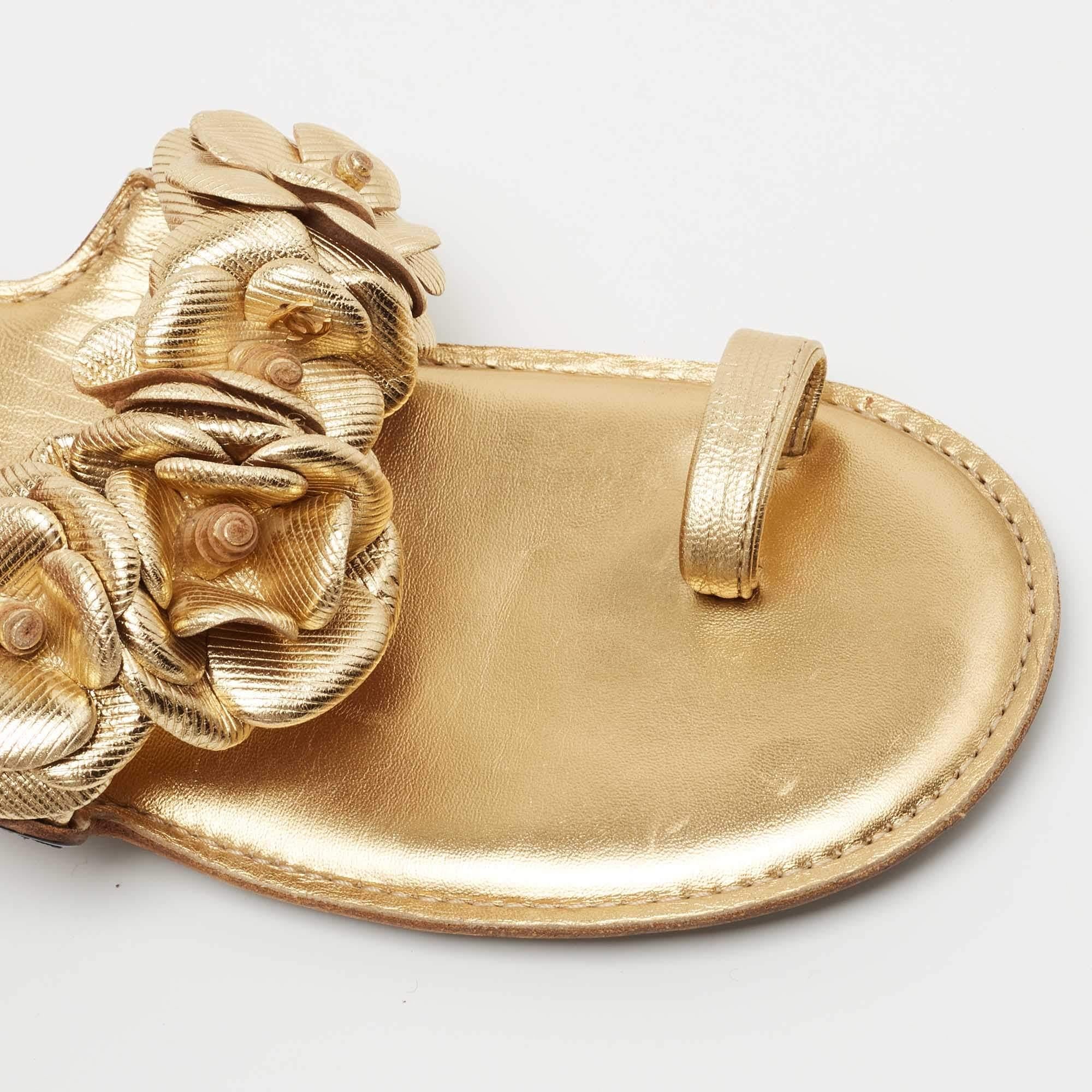 Chanel Gold Leather Camellia Toe Ring Sandals Size 36 2