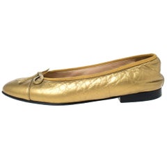 Chanel Gold Leather Cap Toe CC Bow Ballet Flats Size 38