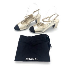 Chanel Gold Leather Cap Toe Chain Slingback CC Block Heel Pumps 36.5