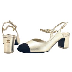 Chanel Gold Leather Cap Toe Chain Slingback CC Block Heel Pumps 36.5