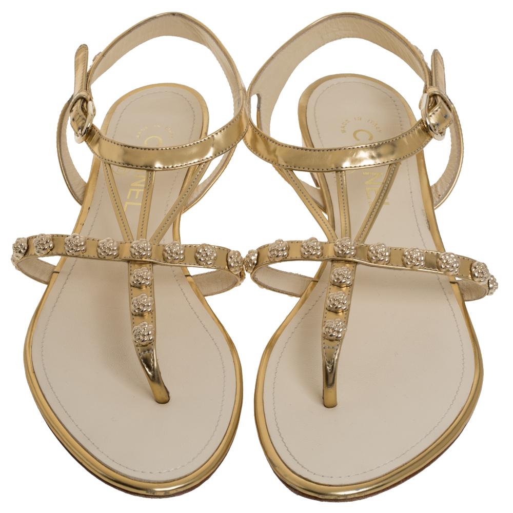 Women's Chanel Gold Leather CC Camellia Thong Sandals Size 39.5