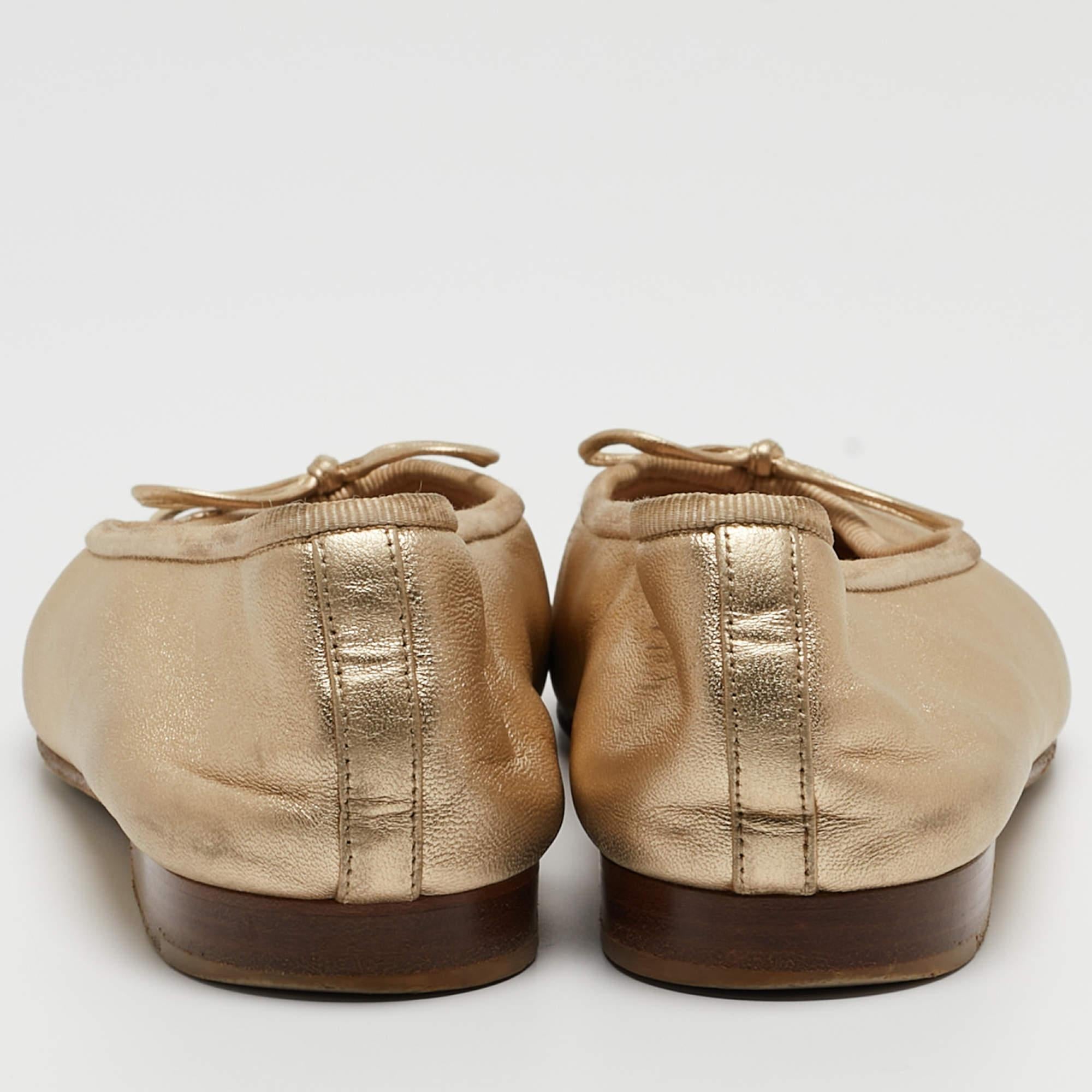 Chanel Gold Leather CC Cap Toe Bow Ballet Flats Size 34.5 1