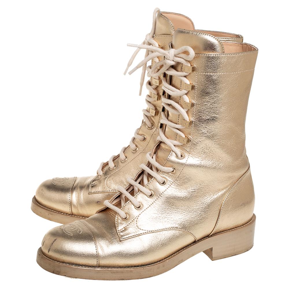 Chanel Gold Leder CC Schnürstiefel Größe 41 3
