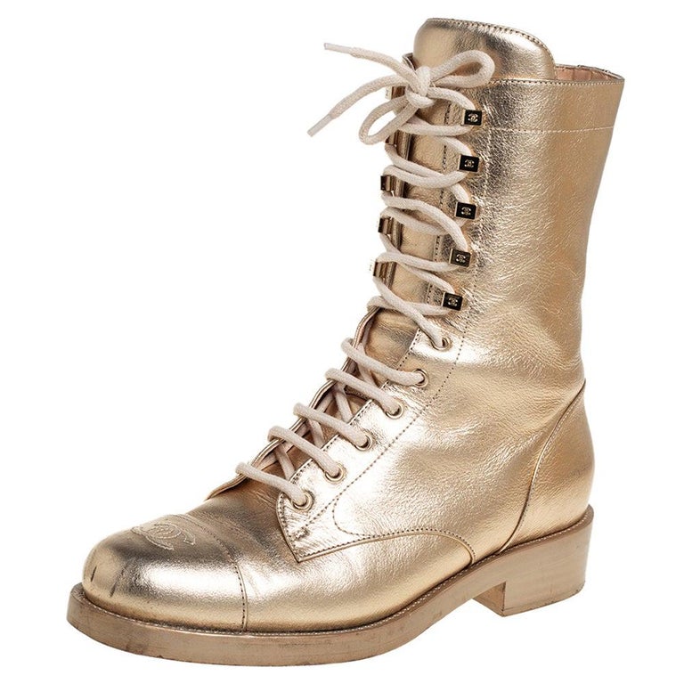 Chanel Gold Leather CC Lace Up Ankle Boots Size 41 at 1stDibs