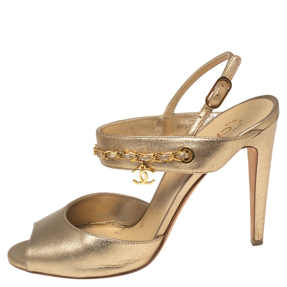 Chanel Gold Leather Chain Embellished Slingback Sandals Size 39.5 1