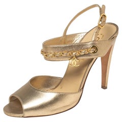 Chanel Gold Leather Chain Embellished Slingback Sandals Size 39.5