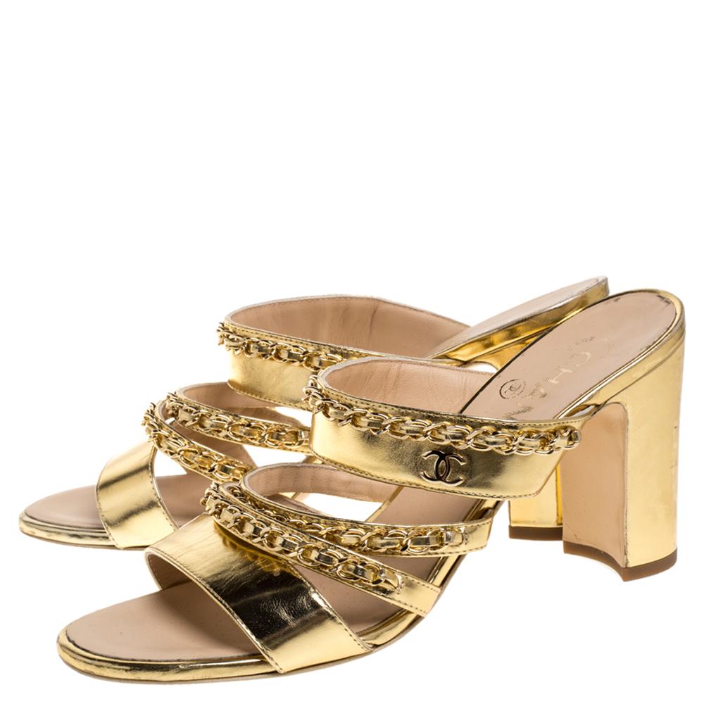 Chanel Gold Leather Chain Link Sandals Size 38 1