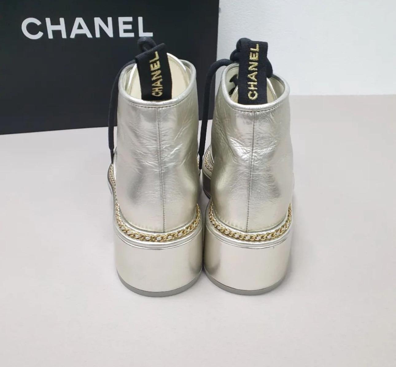 Gray Chanel Gold Leather Chain Pointed Toe Lace Up Ankle Boots