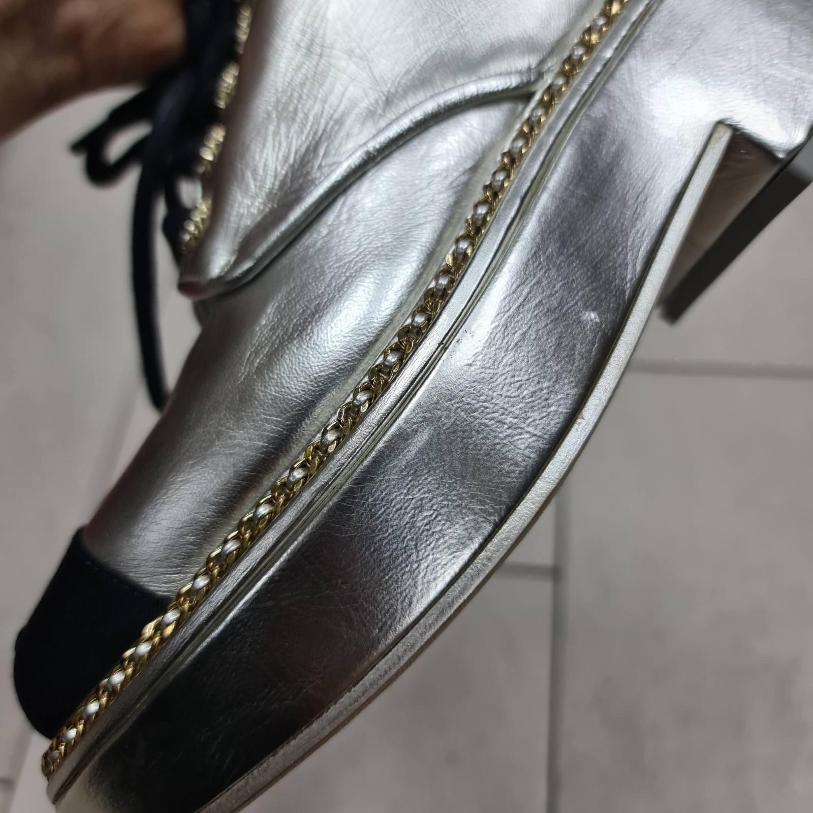 Chanel Gold Leather Chain Pointed Toe Lace Up Ankle Boots 3