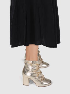 Chanel Gold Leather Chained Ankle Boots Size IT 37