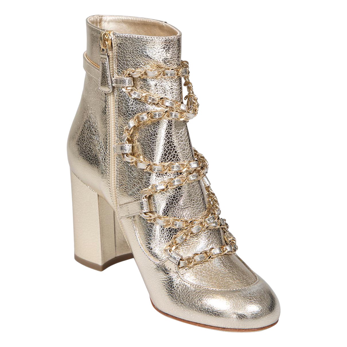 Chanel Gold Leather Chained Ankle Boots Size IT 37 For Sale
