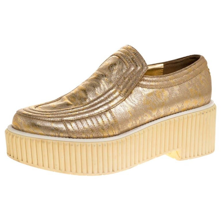 Chanel Gold Leather Creepers Slip on Platform Sneakers Size 39.5 For Sale  at 1stDibs | chanel creepers, gold platform sneakers, gold rhinestone  sandals