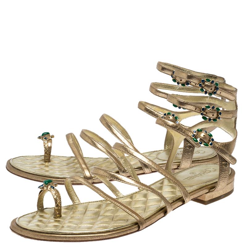 Women's Chanel Gold Leather Embellished Toe Ring Gladiator Flat Sandals Size 39