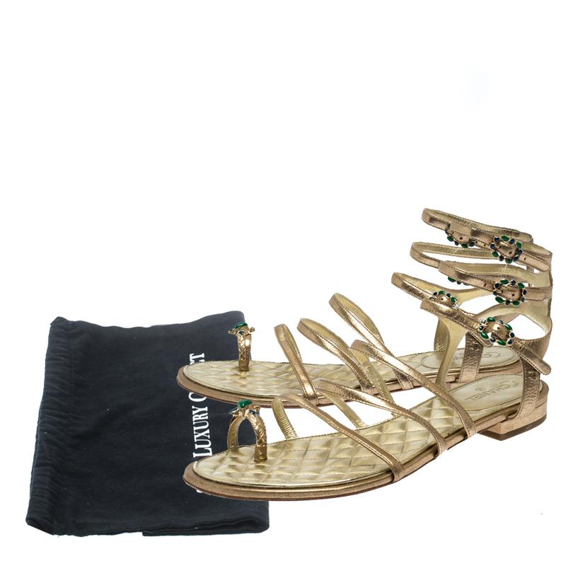 Chanel Gold Leather Embellished Toe Ring Gladiator Flat Sandals Size 39 1