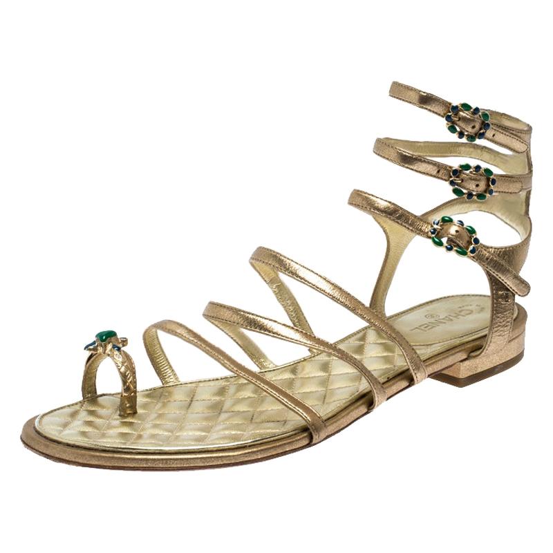 Chanel Gold Leather Embellished Toe Ring Gladiator Flat Sandals Size 39