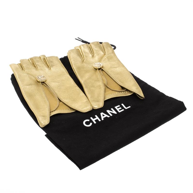 Chanel Gold Leather Fingerless Gloves 7.5 3