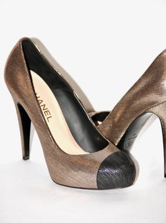 Chanel Gold Leather Heels Platform Pumps