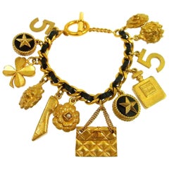 Chanel Gold Leather Multi Charm No 5 Bag Clover Evening Chain Bracelet