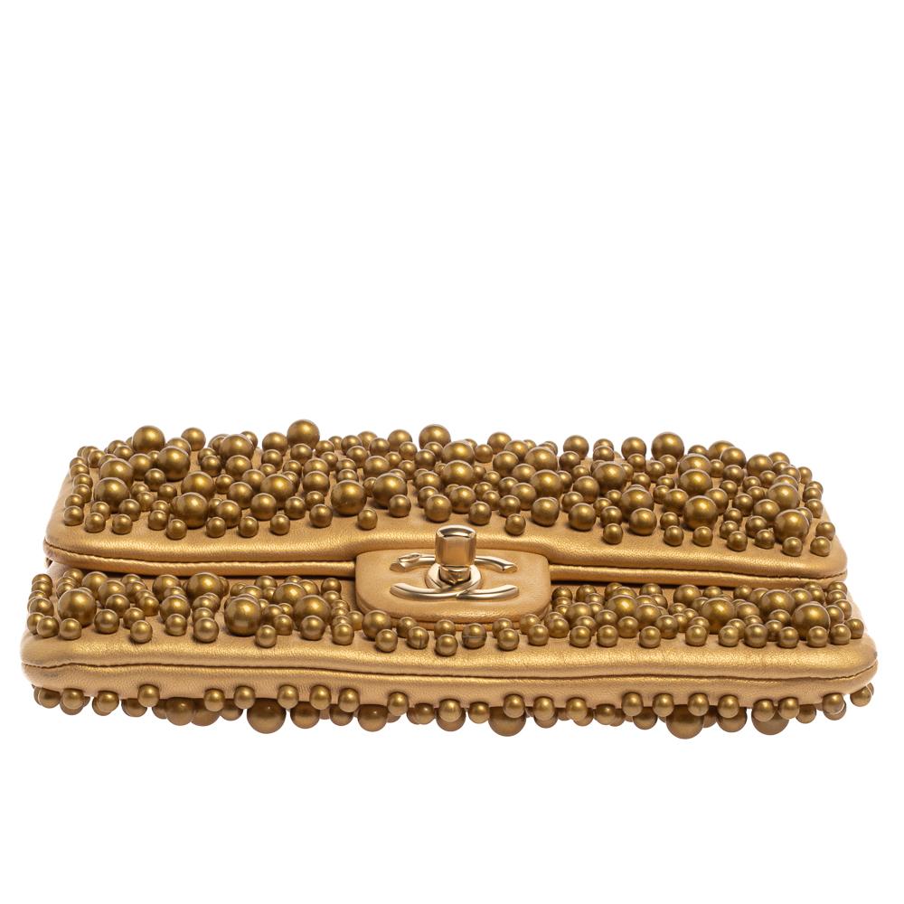 Women's Chanel Gold Leather Pearl Wallet on Chain