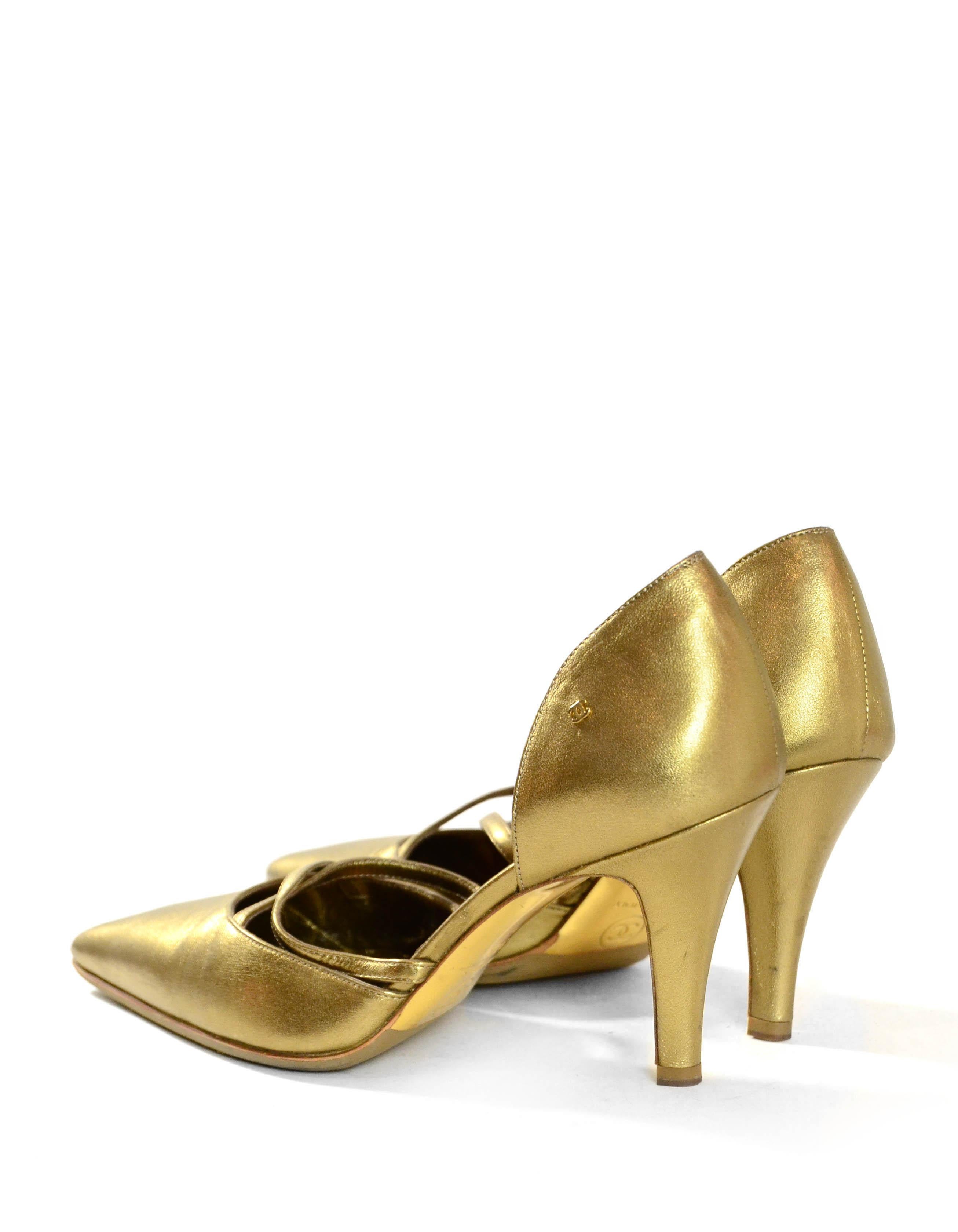 Brown Chanel Gold Leather Pointy Toe Pumps sz 37.5